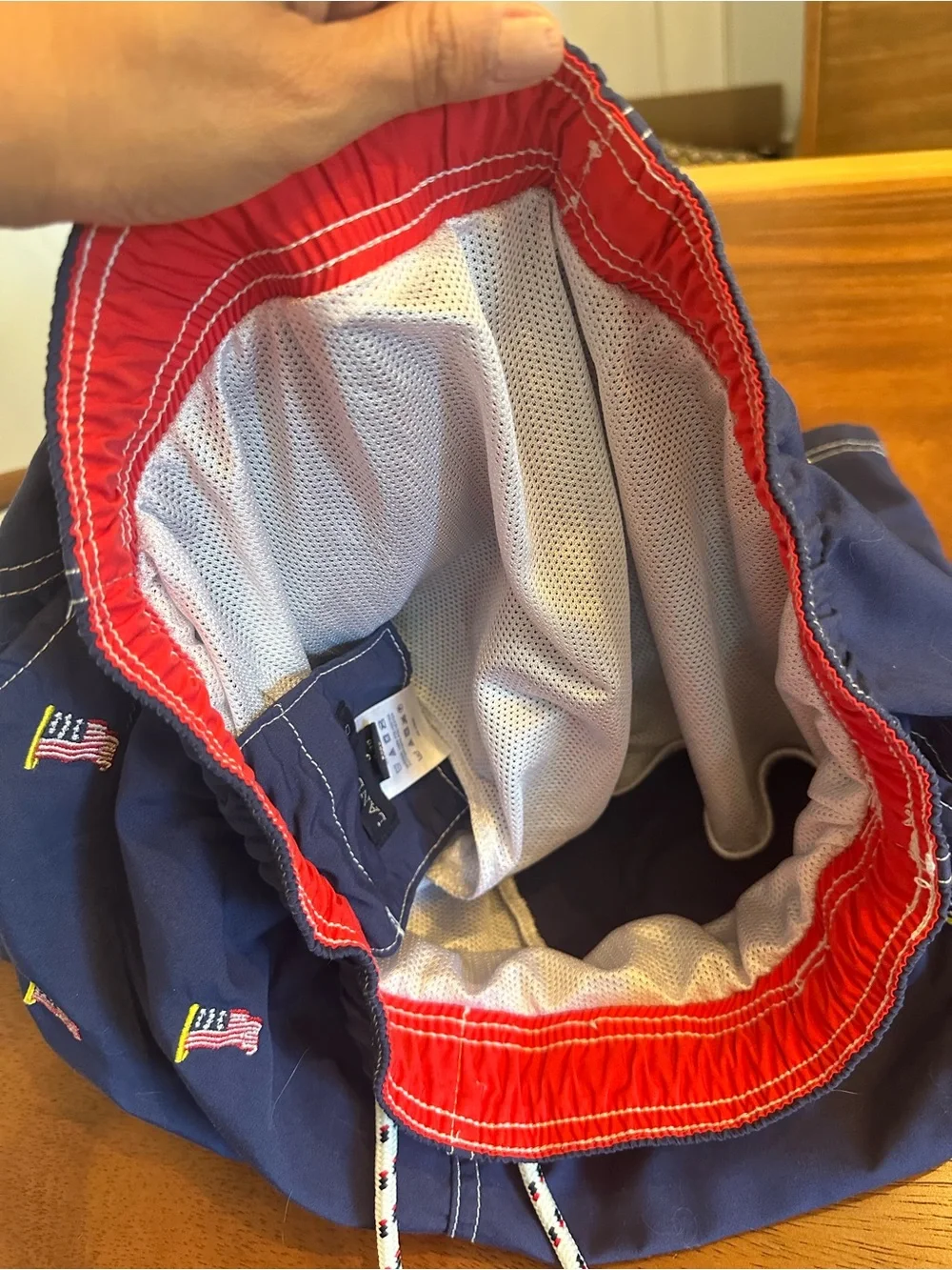 Lands End Patriotic 4th of July blue Embroidered USA Flag Swim Trunks Shorts